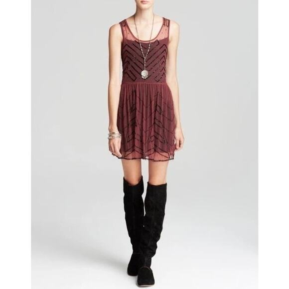 Free People Sheer Mesh Beaded Mini Embellished Slip Dress In Plum Size S Flapper - Picture 3 of 15